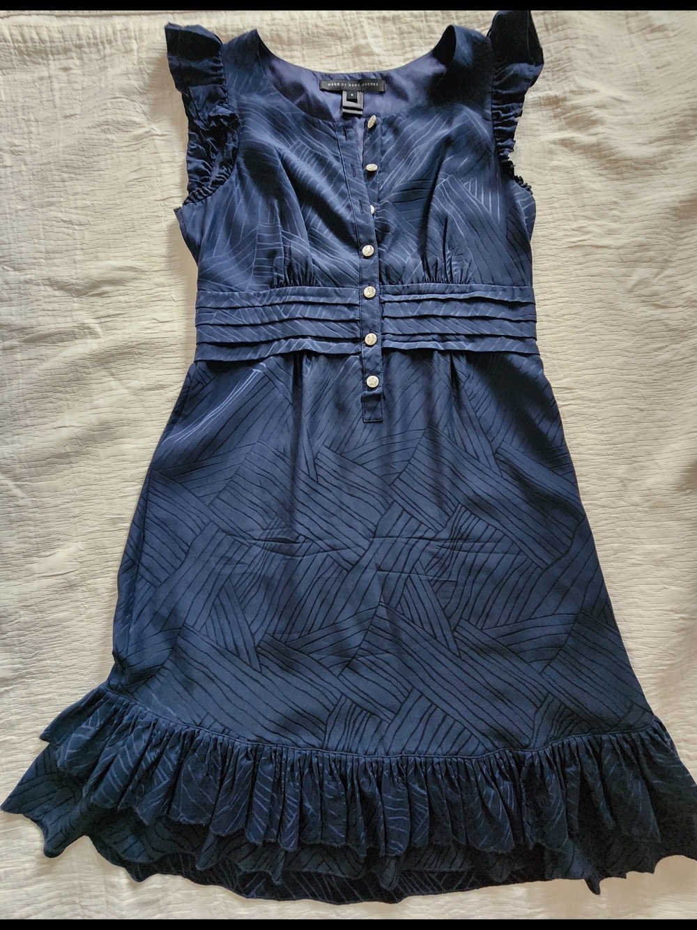 Marc by Marc Jacobs Navy Blue Abstract Pattern Ruffle Dress S